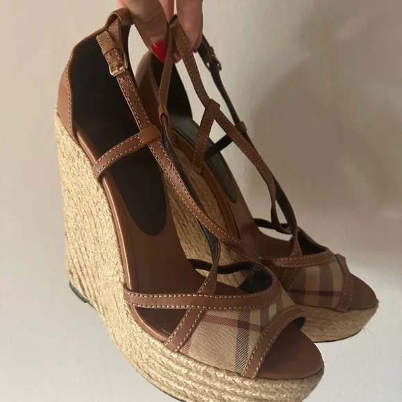 Burberry Brown Leather Novacheck Cross Strap Espadrille Wedge Sandals - Picture 4 of 8